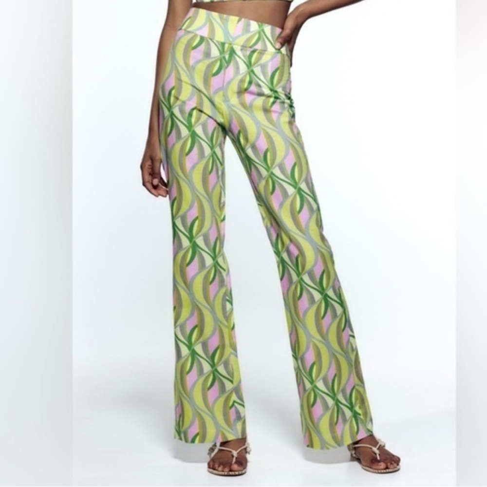 Zara Printed Linen Blend Flared Trousers Pink Green Blue Geometric Small